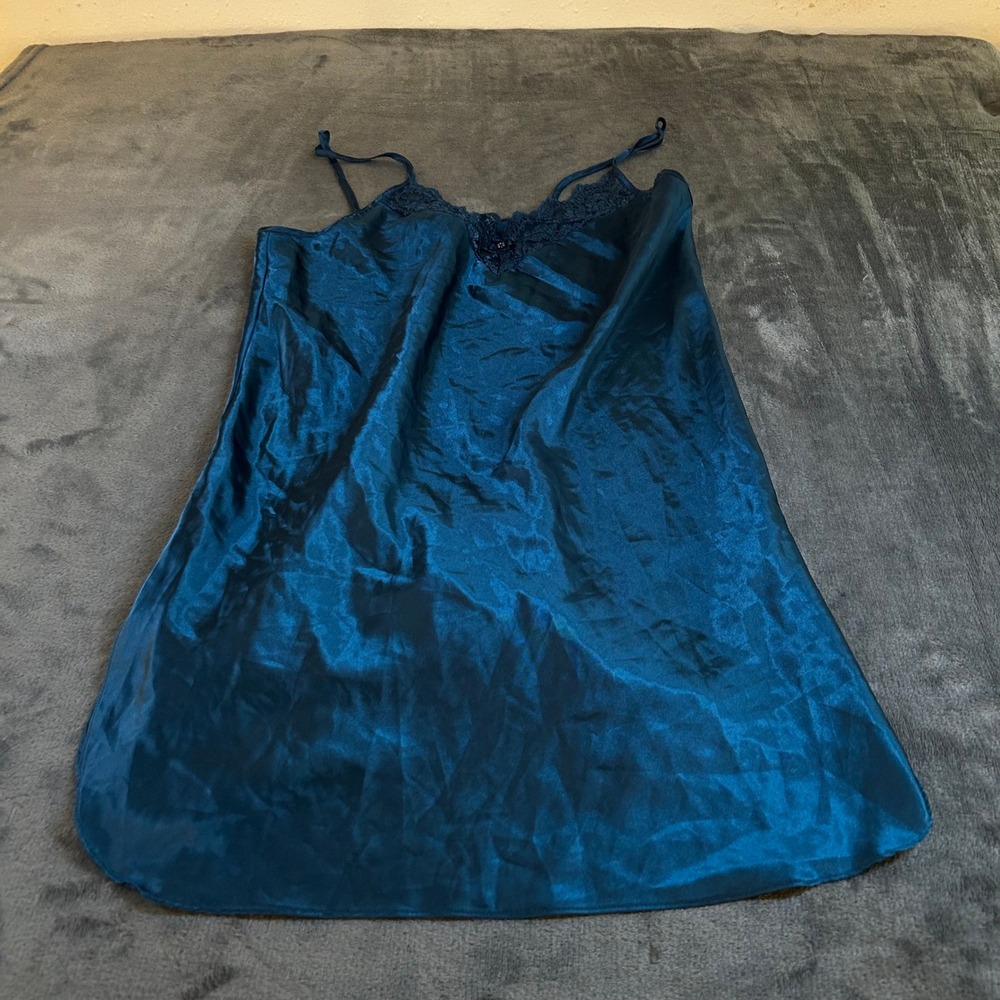 Sleep Solutions Satin Chemise Lace Trim Lingerie Sleepwear‎ Blue Womens Large